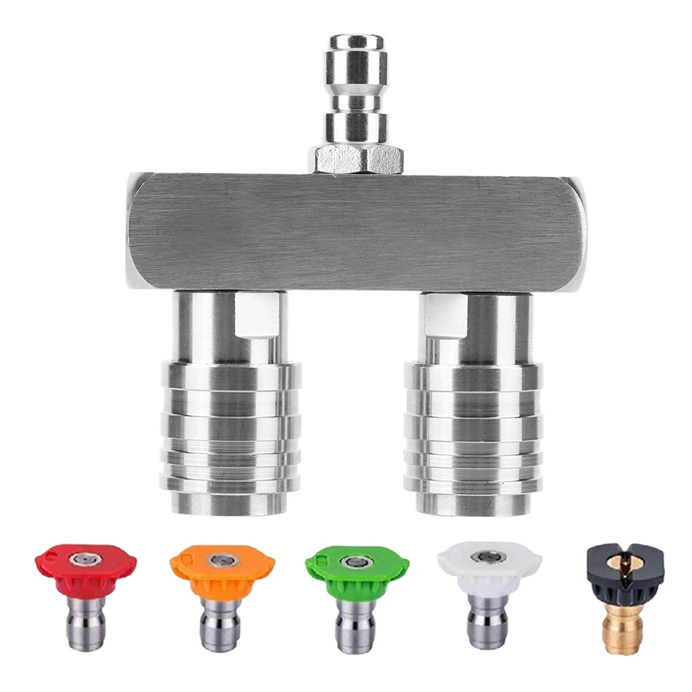 Dual Head Car Washing + 5Pcs High Pressure Washer Sprayer Nozzle Tip Two 1/4 Self-Locking Heads 2-in-1 Power Washer Nozzle Tip