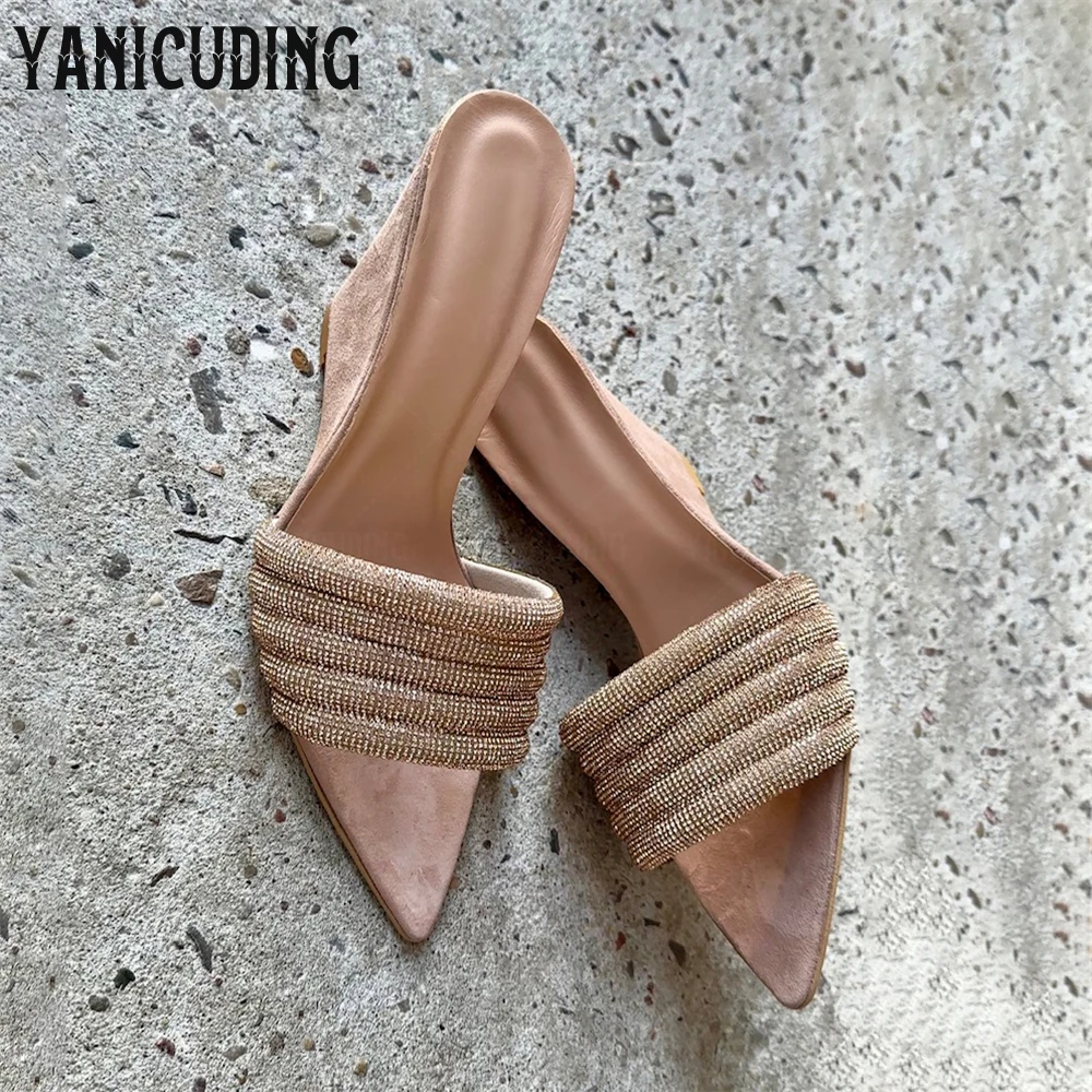 Sparkling Rhinestone Wedge Sandals Luxurious Crystal High Heel Sandals Khaki Suede Pointed Sandals Fashion Ankle Strap Sandals