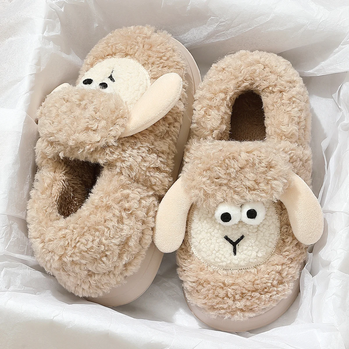 Warm Fluffy Sheep Slippers Women Men New Fuzzy Shoes Soft EVA Cushion Fur Slides Plus Fur Flipflops   QYCKABY Official-Website