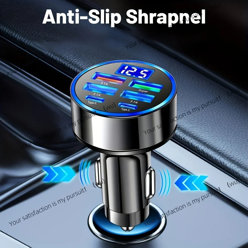 6 in 1 Fast Charging Car Adapter 3.1A Dual Type-C Digital Display Smartphone Tablet Black Portable