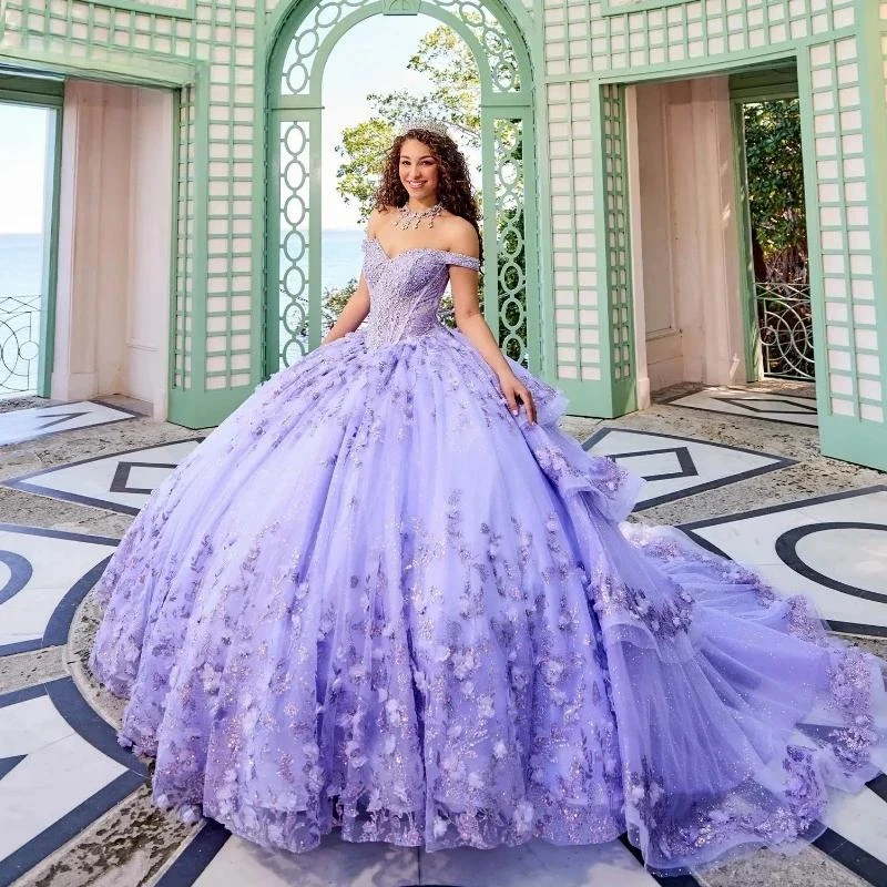 Vestido De quinceañera De menta brillante, vestido De baile sin hombros, apliques florales, cuentas escalonadas, dulce 16, 15 Años