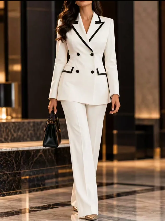 Women White Black Piping 2 Piece Suit Double Breasted Peak Lapel Blazer Wide Leg Pants Formal Office Business Wedding Customized