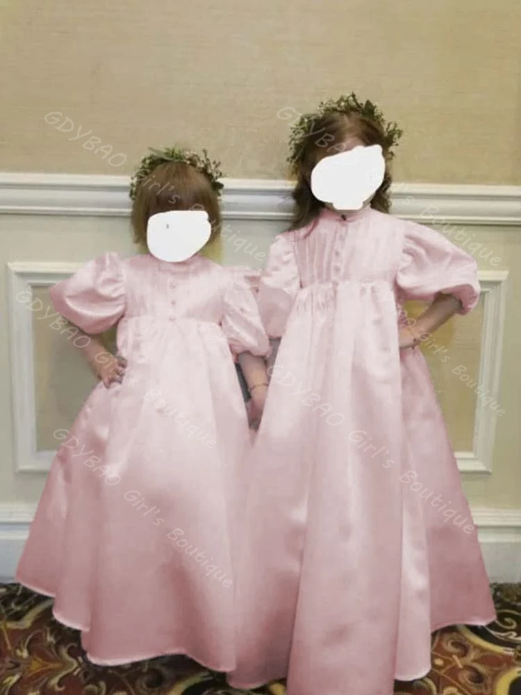 فستان من الساتان ثنيات للمناولة الأولى للفتيات عالي الخصر وأكمام منتفخة فستان فتاة الزهور لحفلات الزفاف من 2 إلى 14 فستان حفلات مخصص للأطفال