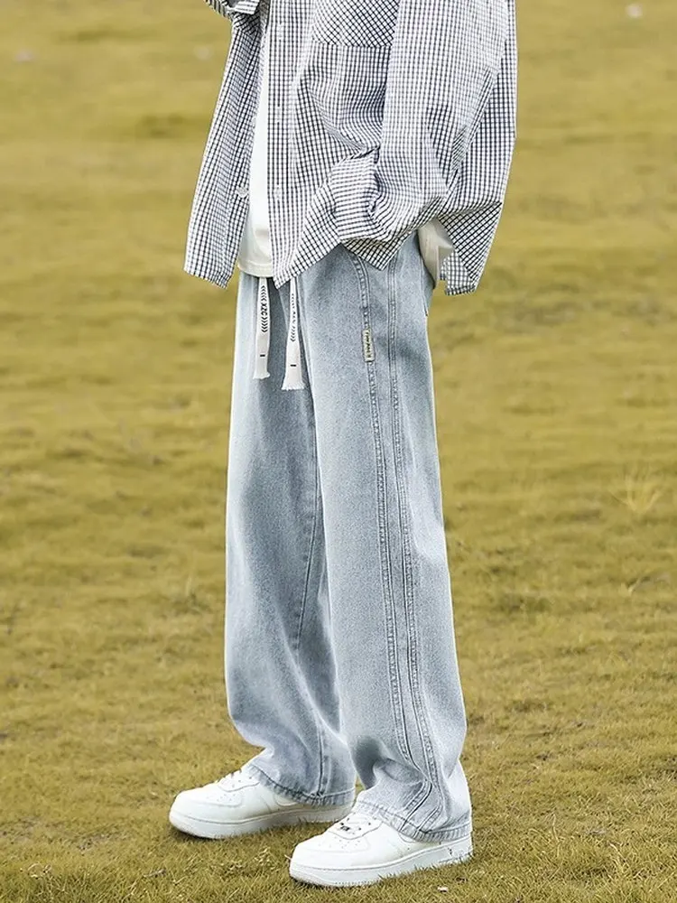 

Модные мужские джинсы с веревочным декором, прямые, свободного кроя, широкие штанины, повседневные брюки, стильный дизайн с элементами кэжуал