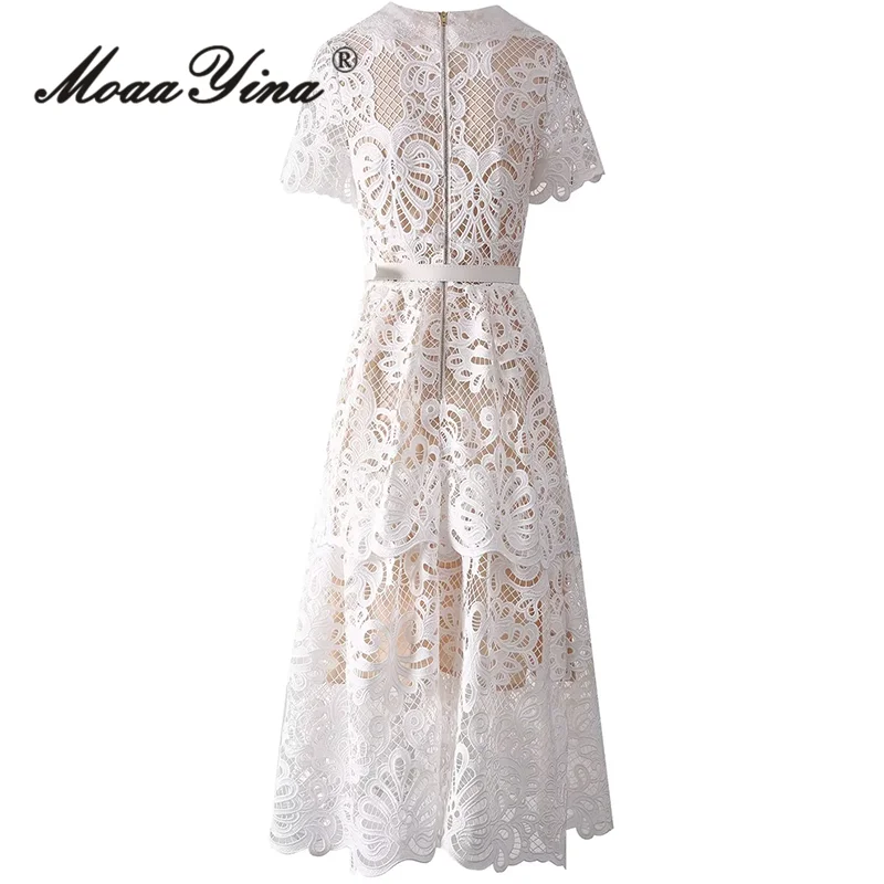 MoaaYina 2024 Summer High Quality Women Dress Vintage Solid Color Hollow Out Embroidery Nail Bead Sashes Lace Dresses