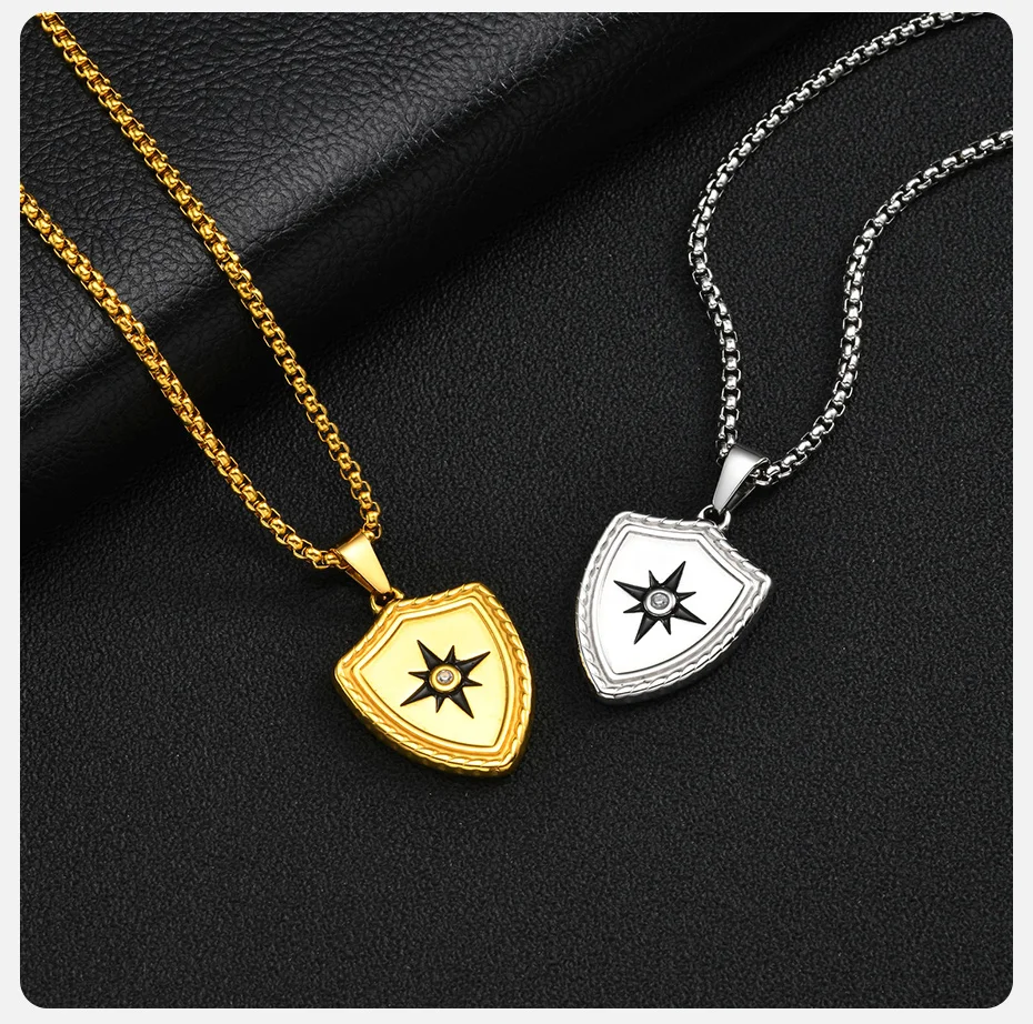 Vnox Edelstahl-Schutzschild-Halskette für Herren, 8-Zackiger Stern-Anhänger mit Weißem Zirkon, Kastenkette in Gold- und Silberfarbe, Punk-Amulett-Geschenk – Detail 6
