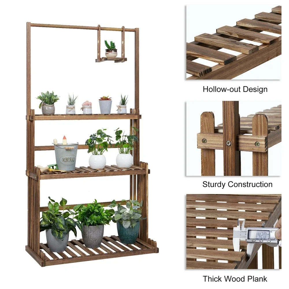 2026 3 Tiers Wood Plant Stand Hanging Shelf Garden Living Room Flower Pots Tall Planter Display Rack Storage Stand for Balcony