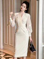 Ropa de mujer estilo de trabajo falso 2 piezas Floral cuello en V manga larga vestido de tubo ajustado elegante señoras Formal viaje Casual Vestidos