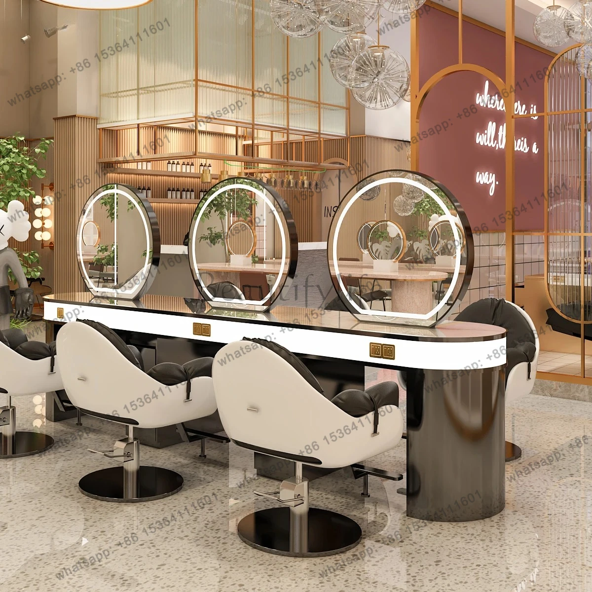 Internet celebrity barber shop mirror table hair  special single-sided double-sided marble hair salon mirror with cabinet