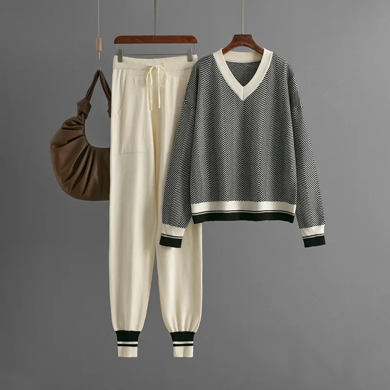 Autumn Winter New Sweater Suit Knitted Striped V-Neck Loose Long Sleeve Commuter Sweater Packet Pants for Women Two-Piece Set