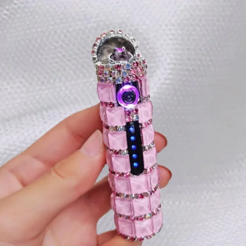 Exquisite Rhinestone Lighter Cylindrical Shape USB Rechargeable Lighter Dual Arc Ignition Smoking Lighter Special Gift For Women