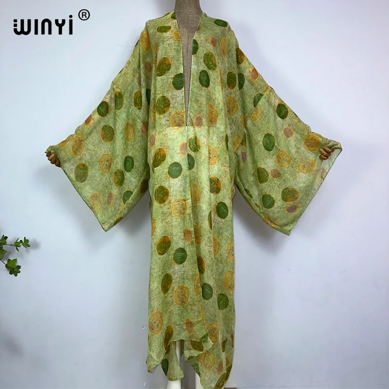 2023 WINYI kimono new boho beach summer print Bikini cover-up sexy vestidos para playa long Sleeve swimsuit woman maxi dress