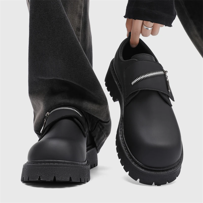 

Men's Casual Shoes Spring Business Formal Thick Bottom Black Large Head Waterproof Leather Shoes for Work And Leisure