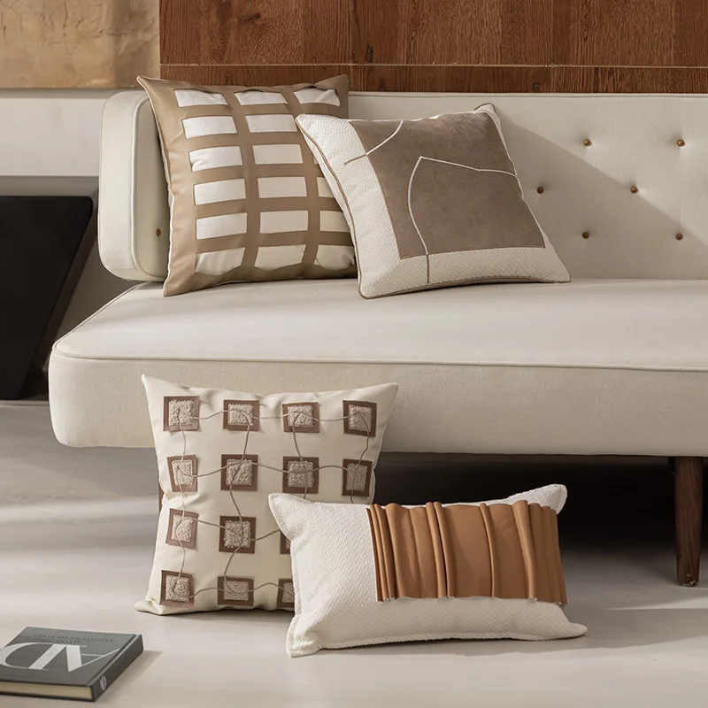 Nordic Modern Beige Coffee Colored Cushion Cover PU Leather Patchwork Light Luxury Pillow Covers Decorative Design Pillowcase