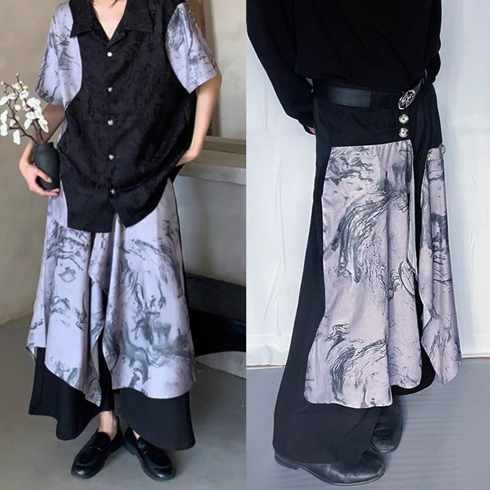 

Y2k Ink-And-Wash Splicing Casual Skirt Pants Genderless Spring Streetwear Fashion Youth Couple Wide-Leg Pants Unisex 2025 New