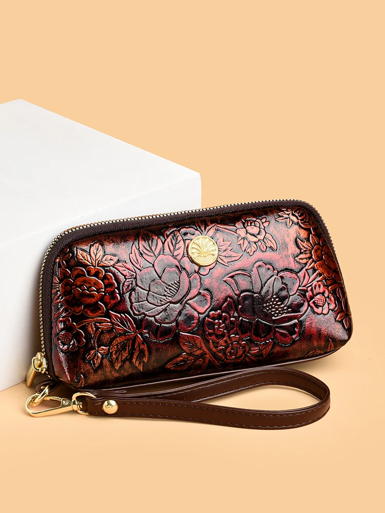 

Faionable Floral Emed Leather Handbag Women's Wallet Mobile Phone Coin Purse Handheld Bag for Middle-Aged Mothers
