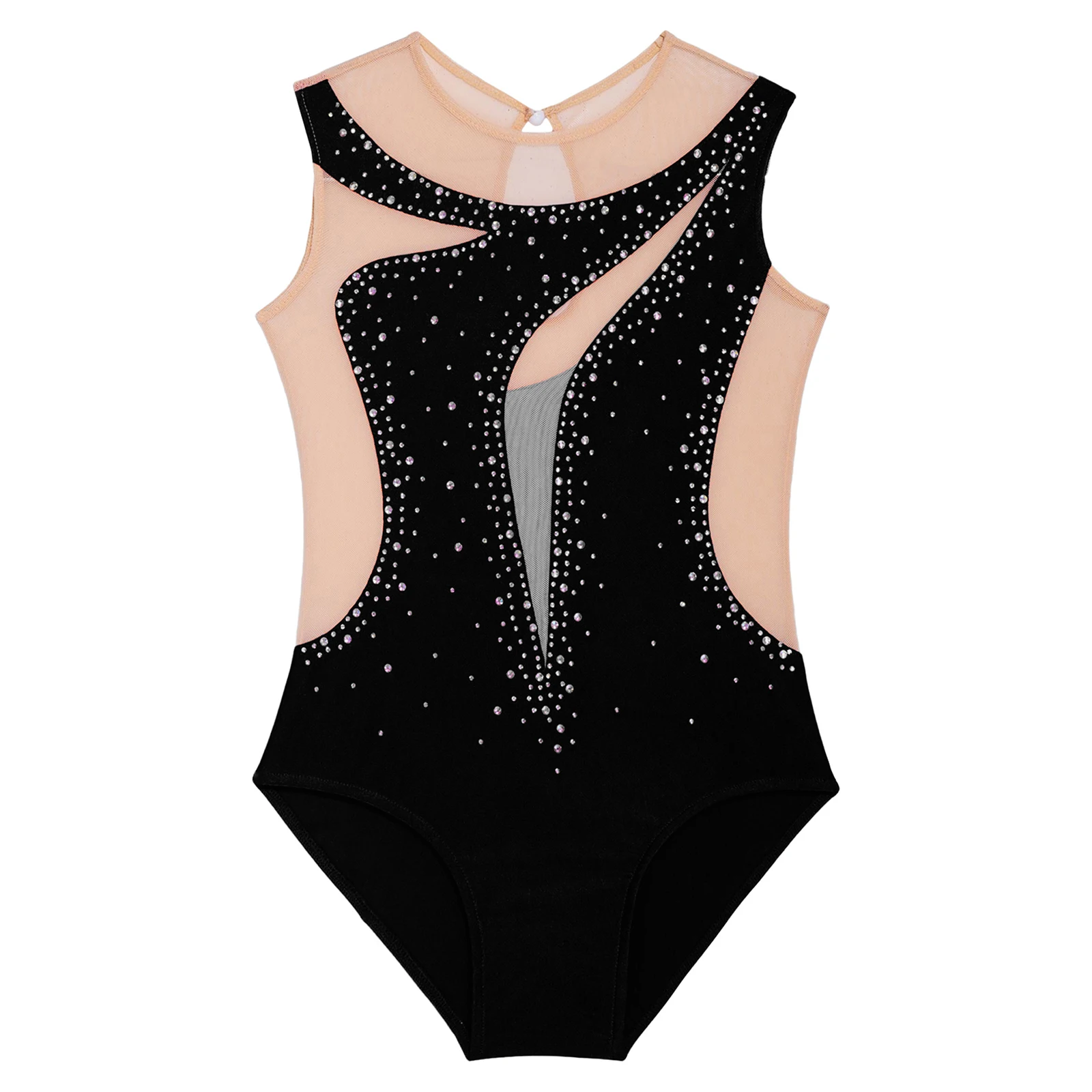 4Pcs Kinder Mädchen Gymnastik Eiskunstlauf Trikot Outfit Sheer Mesh Patchwork Glänzenden Strass Body Ballett Tanz Kostüm