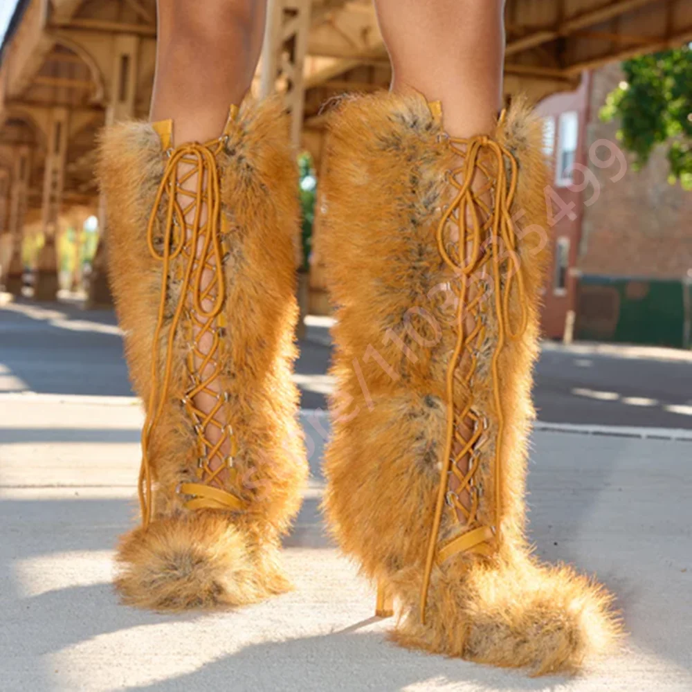 

2025 Brown Fur Strap Snow Boots Winter New Fashion Ladies Sexy Party Stiletto Stage Boots Model Catwalk Furry Knee-High Boots