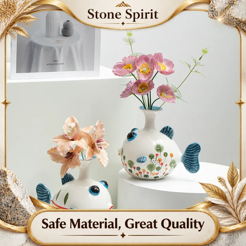 【Premium】Hand Drawn Small Fish Ceramic Vase, Living Room Dining Table Flower Arrangement, Abstract Art Sculpture Decorative Vase