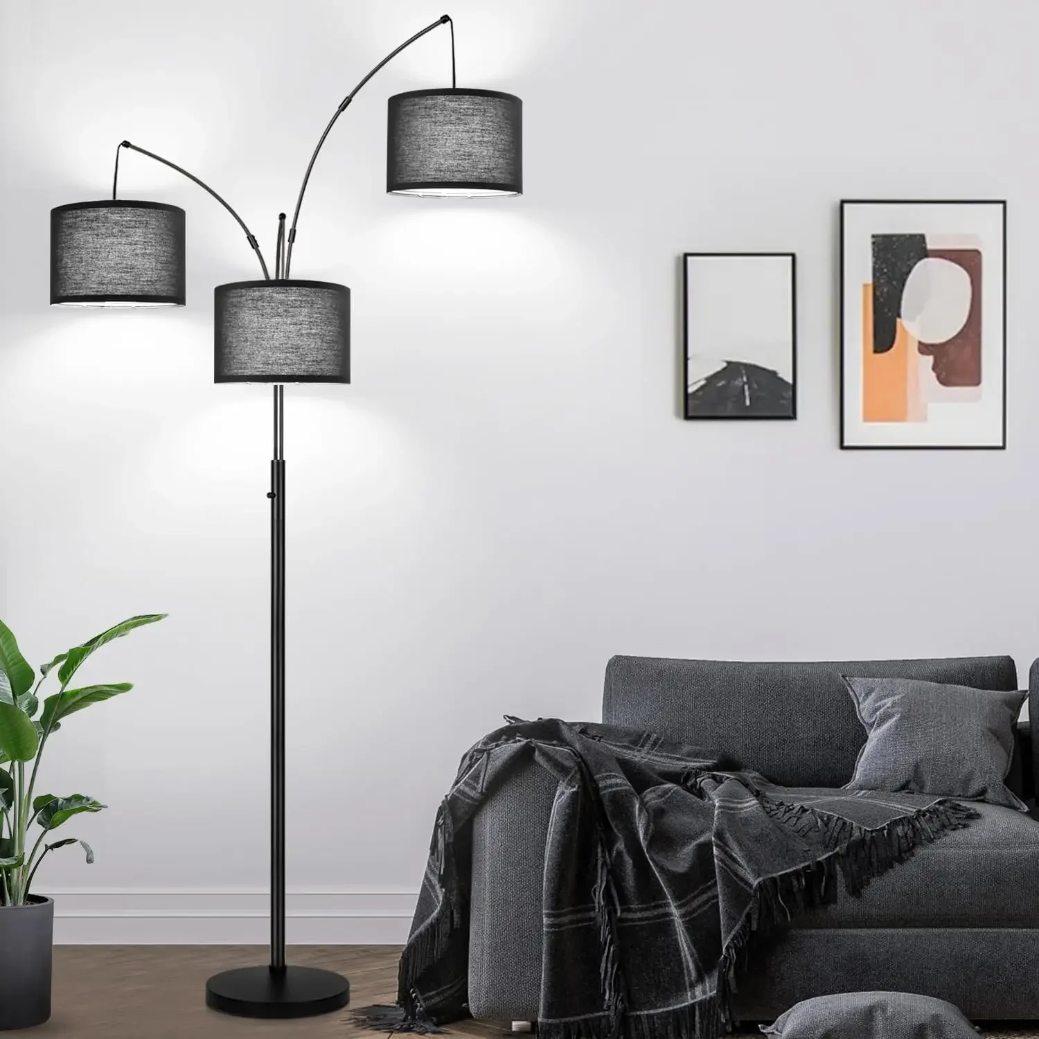 

Dimmable Floor Lamp - 3 Lights Arc Floor Lamps for Living Room, 1000LM Modern Tall Standing Lamp With Black Shades & Heavy Ba