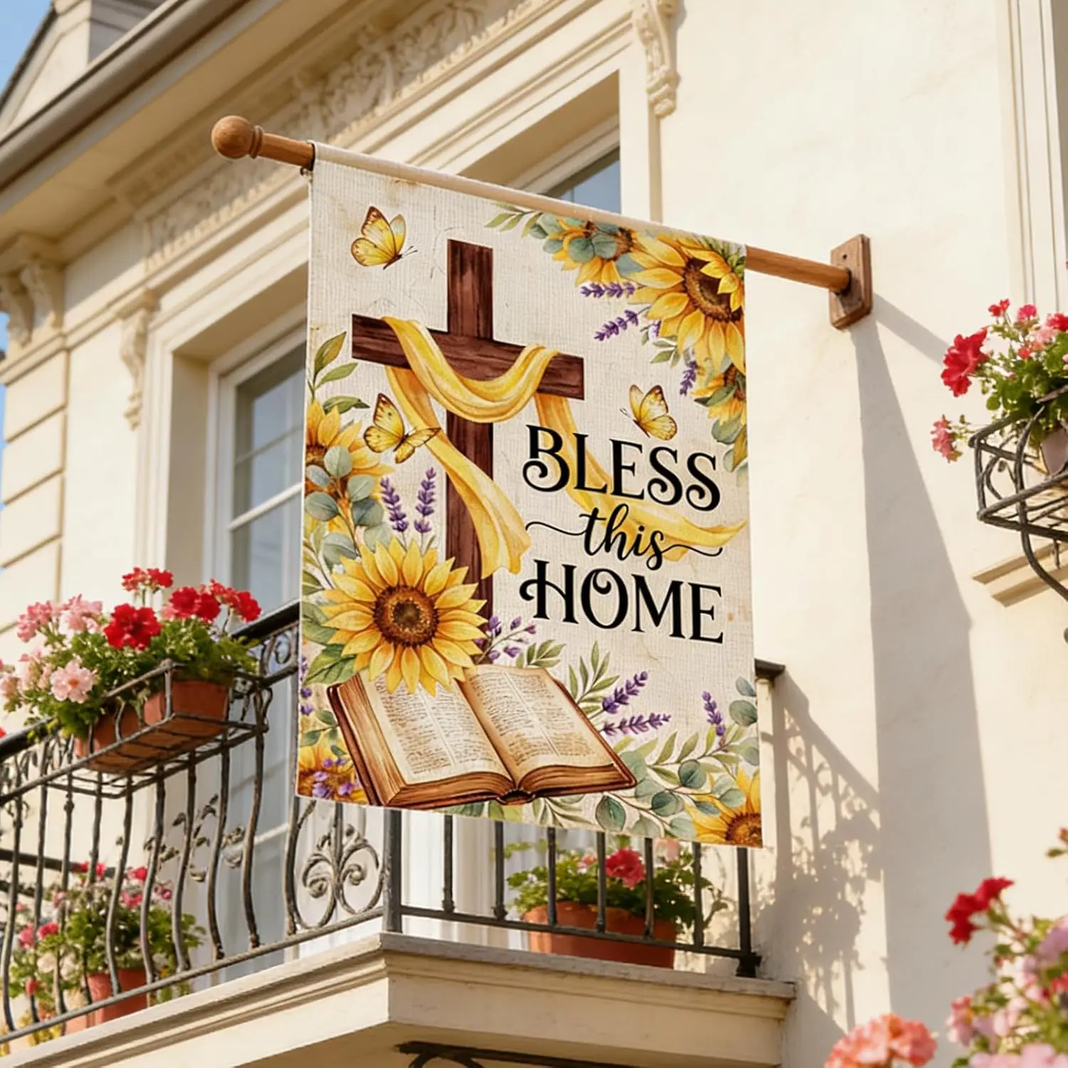 Rngmsi Cross Sunflower House Flag - Spring Summer Blessing the Home House Flags 28 X 40 Inche Double Sided, Easter Day Decor AAS