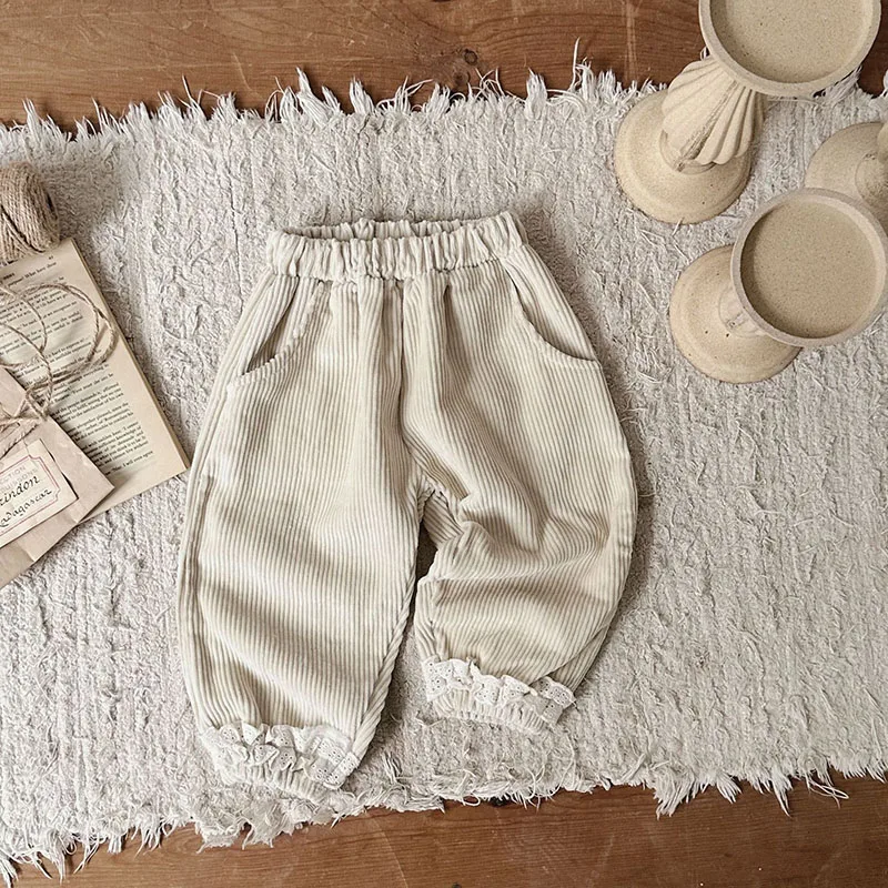 MILANCEL New Autumn Baby Casual Pants Infant Solid Color Corduroy Trousers Toddler Girls Lace Pants Legs