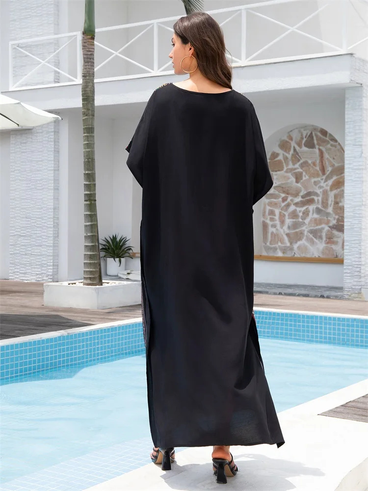 2024 Elegancki kolorowy haft Plus Size Kaftan Kobiety Vintage V-Neck Side Split Długa sukienka Sexy Beach Swimsuit Cover Up Q1705