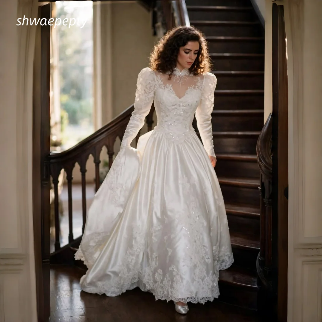 Vintage Victorian Ball Gown Wedding Dress Puff Long Sleeves Lace Satin A Line Princess Bridal Gown Chapel Train Customized