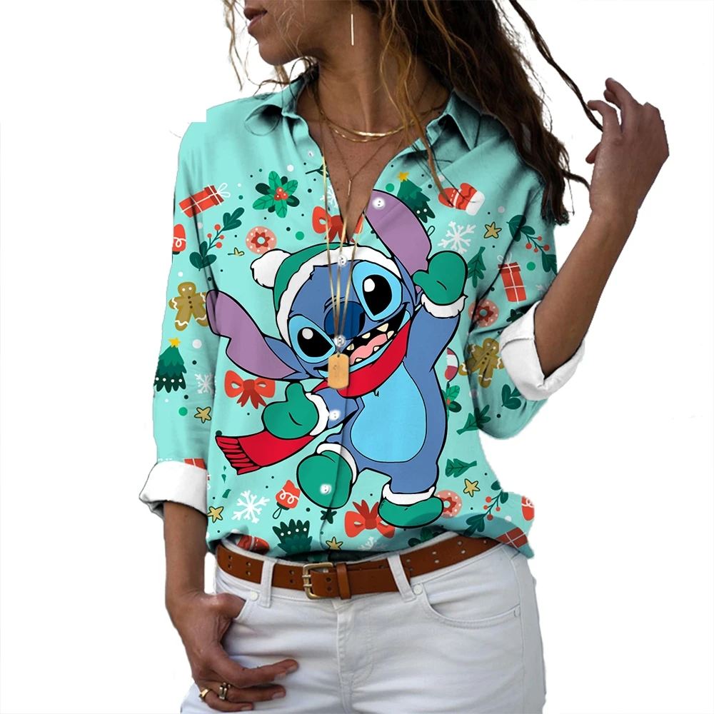 

2024 New Stitch Cartoon Pattern Print Fashion Street Harajuku Women's Long Sleeve Shirt Lapel Cute Casual Shirt y2k