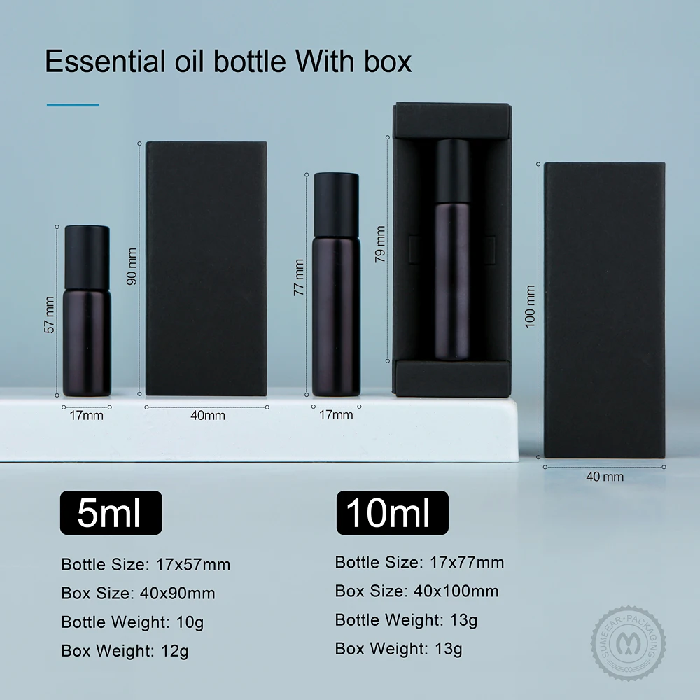 50Pcs/Lot 5ml 10ml Matte Black Essential Oil Bottle With Box Roll On Perfume Bottle Cosmetics Container Print LOGO Pay Extra