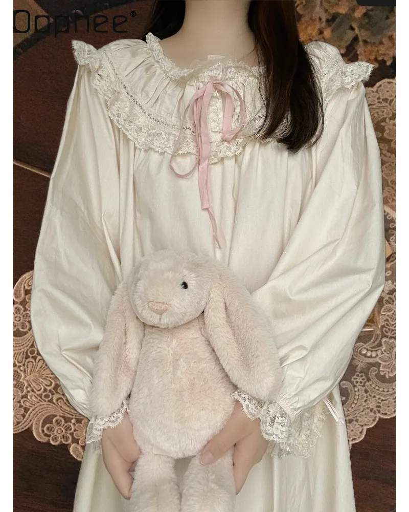 French Gentle Princess Style Neckline Double-layer Lace Ruffle Edge Lantern Long-sleeved Nightdress Loose Casual Women Homewear