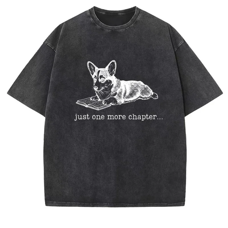 Corgi Reading T-Shirt Washed Vintage Bookish Corgi Dog Lover Bookworm Tshirt Casual Cotton Short Sleeve Round Neck Tees Clothes