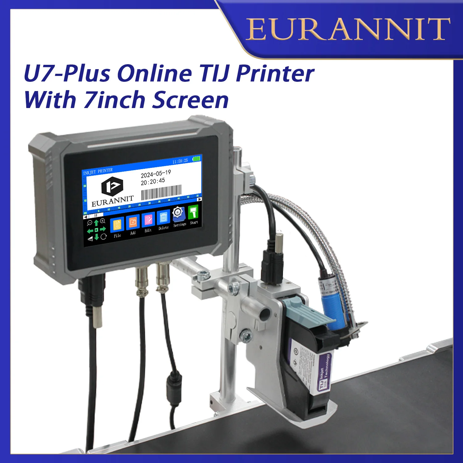 

EURANNIT U7-Plus Industrial Online Inkjet Printer 12.7/25.4mm Thermal Inkjet Printer Text QR Code Barcode Logo Expire Date Coder