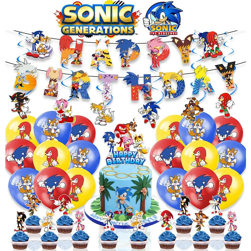 Sonic The Hedgehog Theme Party Decoration Articles Banner Cake Topper Balloon Anime Periphery Action Figure Sonic Image Kid Gift