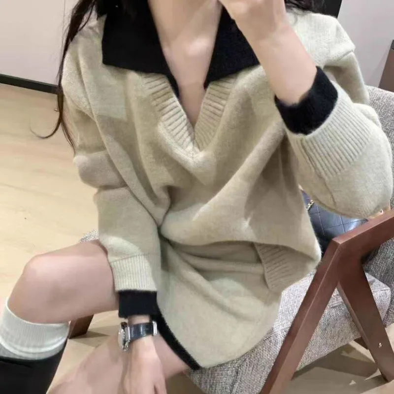 

Вязаный комплект в корейском стиле, женский свободный свитер, универсальный топ, короткая полуюбка, комплект из двух предметов, осенне-зимний модный комплект для поездок на работу