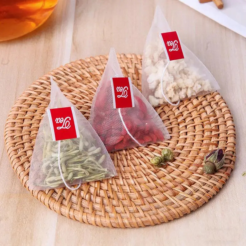 100Pcs Disposable Triangle Tea Bag Nylon Pouch Empty Tea Infuser Spice Coffee Drawstring Bag Seal Food Grade Tea Strainer