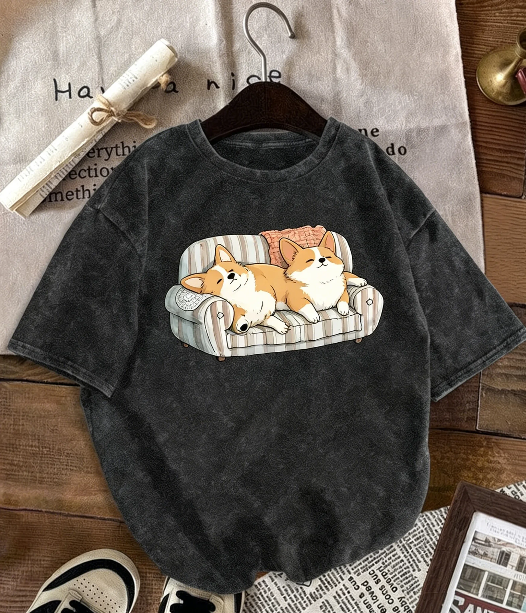 Vintage Acid Wash T-Shirt mit lustigem Frosch-Sofa-Print, Retro Oversized Streetwear Top, gewaschene Baumwolle, Hip Hop Casual Kurzarm – Detail 5