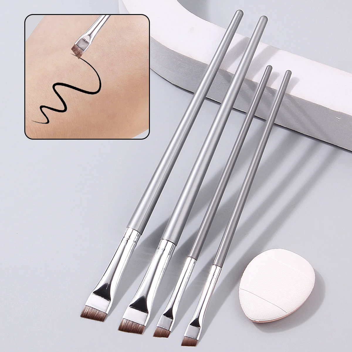4 ชิ้น Ultra-thin Fine อายไลเนอร์และชุดแปรงคิ้ว, เริ่มต้น Eye Detail แปรงแต่งหน้า + มินิคอนซีลเลอร์นิ้วมือแป้งพัฟ