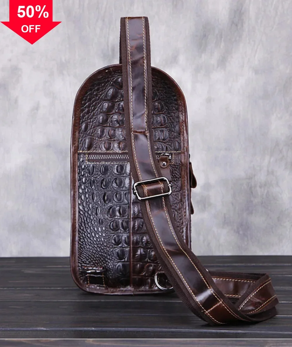 الرجال جلد طبيعي الكتف الصدر حقيبة ظهر السفر التمساح نمط الفاخرة الذكور جلد البقر الحقيقي حقيبة ظهر ذات حمالة عبر الجسم أكياس