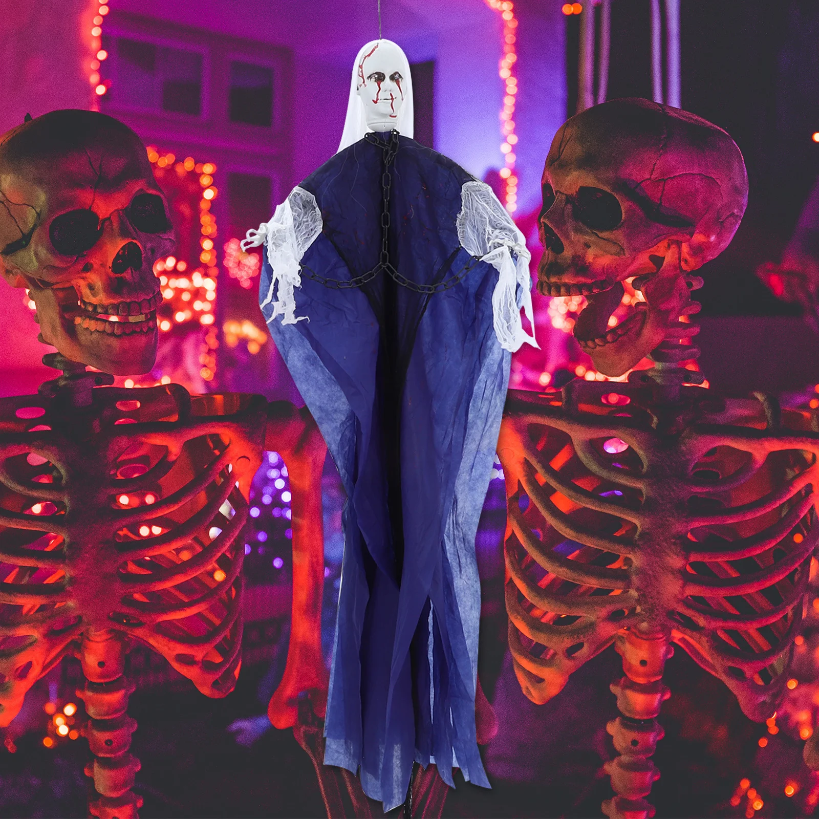 

White Haired Blood Faced Hanging Ghost With Led Eyes Sound Activated Halloween Outdoor Decoration Prop For Yard