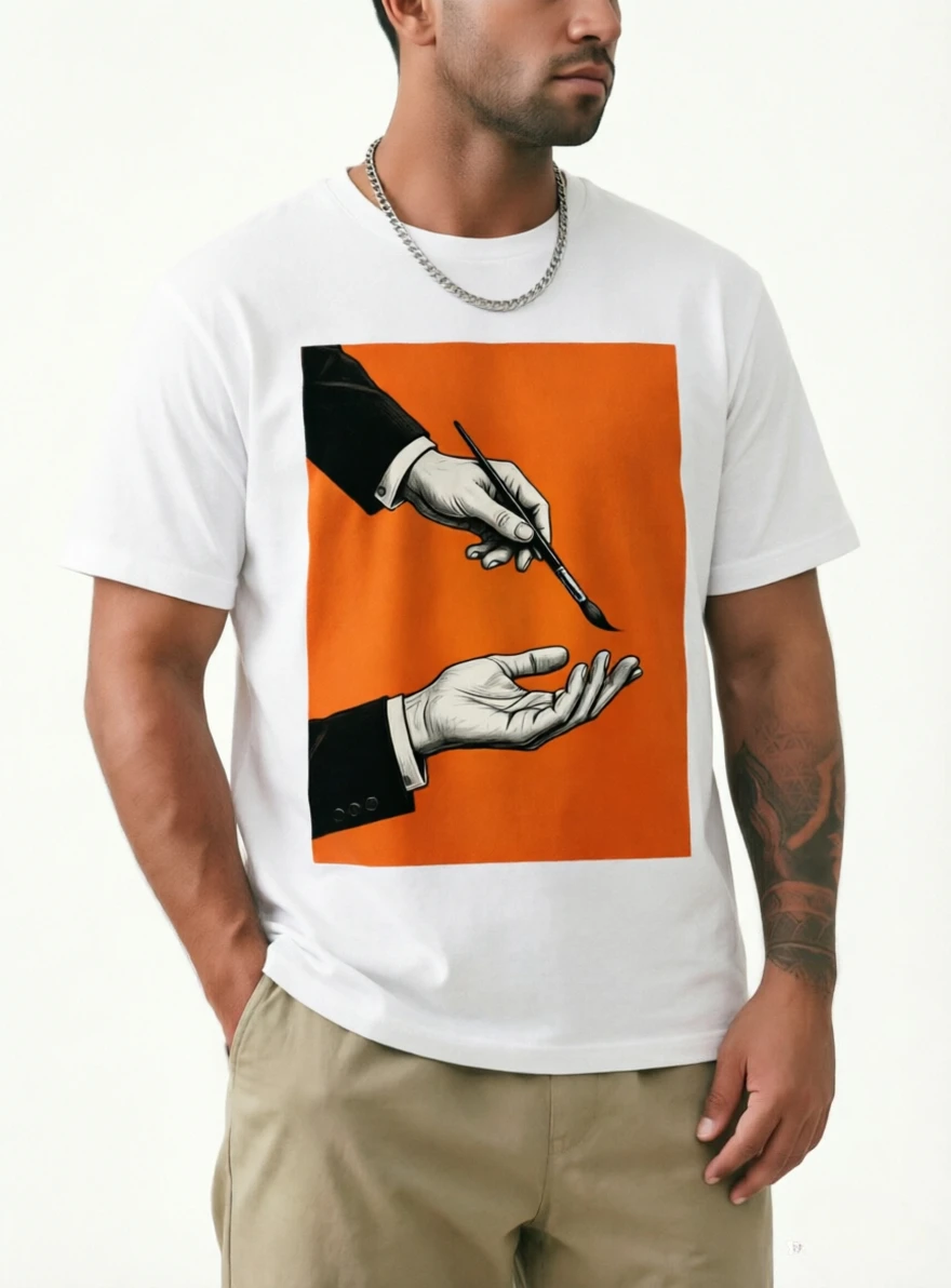 Artistic Hand & Paintbrush Graphic T-Shirt Men Women Grey Cotton Casual Streetwear Tee