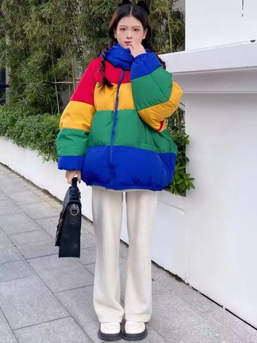 Women Rainbow Colorblock Striped Quilted Puffer Jacket Hooded Outerwear Coats Zipper Bubble Coat with Pockets Loose Warm Outfit