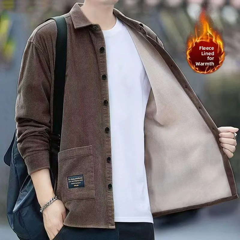 

Thiened Fce Lined Corduroy irt for Men Warm Casual Loose Fit Long Sve Button up Coat with kets Autumn Winter Wear