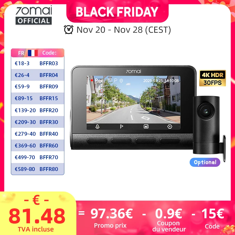 70mai A800SE 4K voiture DVR Support caméra arrière ou intérieure 24H Mode de stationnement GPS ADAS Version améliorée de 70mai A800S