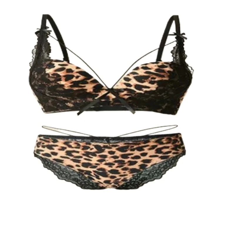 Conjunto de sujetador sin costuras con estampado de leopardo auténtico para mujer, con soporte superior grueso cruzado frontal, antideslizante, para realzar el busto pequeño, elegante y suave.