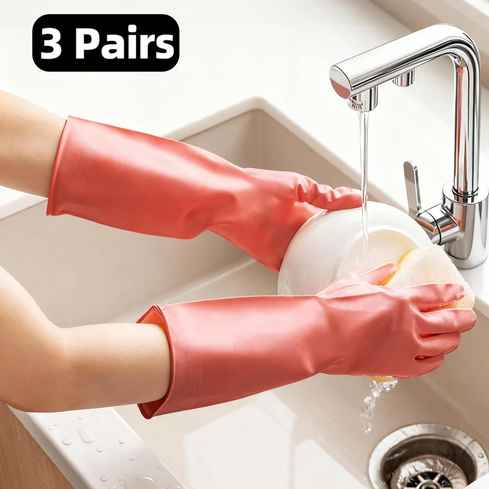 3 Pares de Luvas para Lavar Louça Extra Longas, Grossas, Resistentes, Impermeáveis, Antiderrapantes, de Borracha, para Cozinha