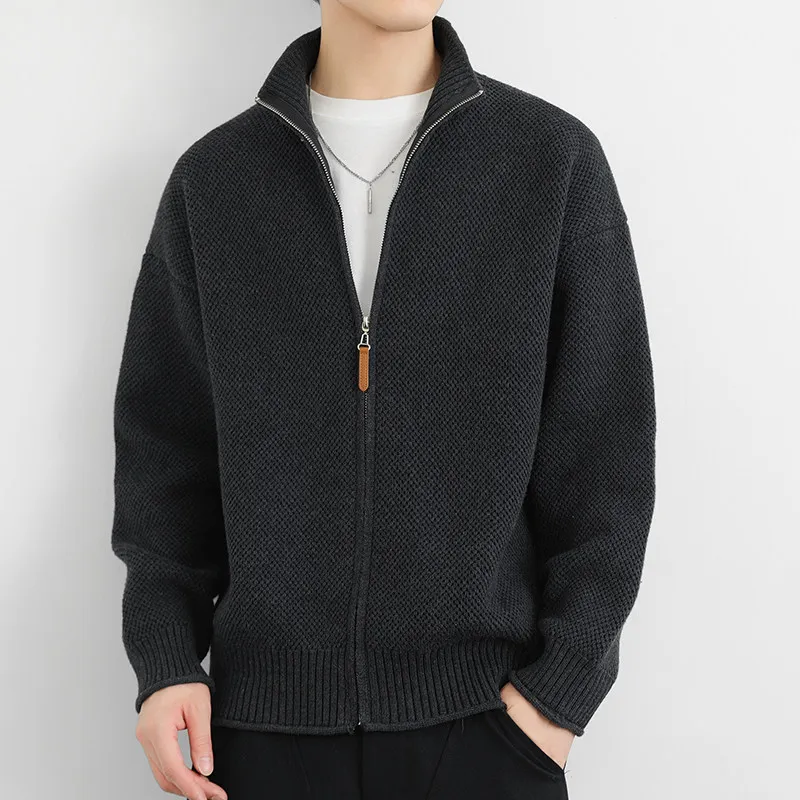 

Мужской плотный кардиган с воротником-стойкой на молнии, весна 2026, повседневная вязаная куртка-жакет
