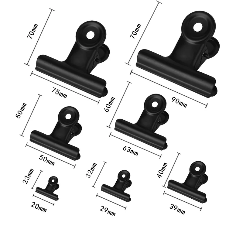 Clip de papel de Metal para oficina y escuela, 5 piezas, 20mm, 29mm, 39mm, 50mm, 63mm, 75mm, 90mm, pinzas de agarre negras para documentos