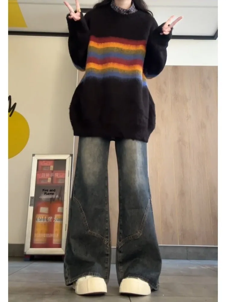 American Sle Thiened Fce Lined Straight Leg Jeans Women's Autumn Winter plus Size Loose Slimming Wide Leg Pants