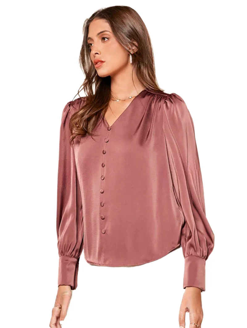 

V-neck pullover top fashion shirt women's color satin commuting style top